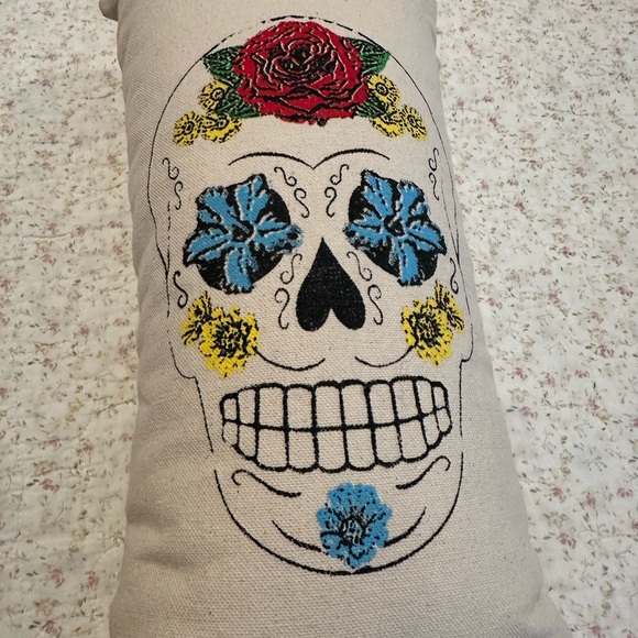 Maya Pickles decorative accent pillow featuring sugar skull art.  Made in USA. - Picture 3 of 4